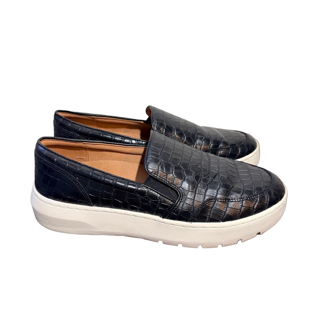 Vionic Womens Dinora Black Croc Casual Flats Size 8.5 Slip On White Platform